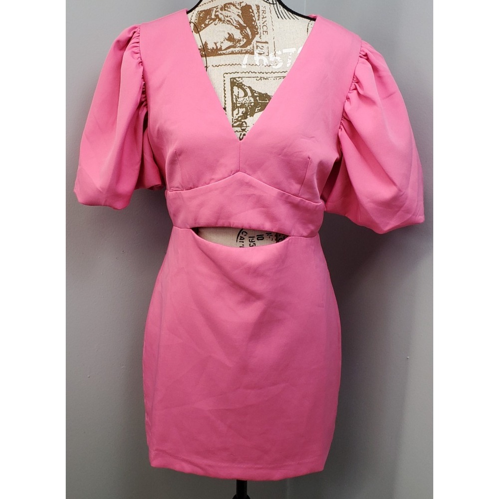 Endless Rose Mini Dress Womens Medium Pink Chic Cut-Out Waist Puff Sleeve V-Neck